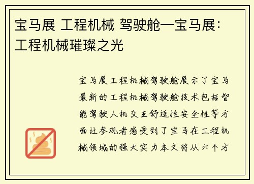 宝马展 工程机械 驾驶舱—宝马展:工程机械璀璨之光